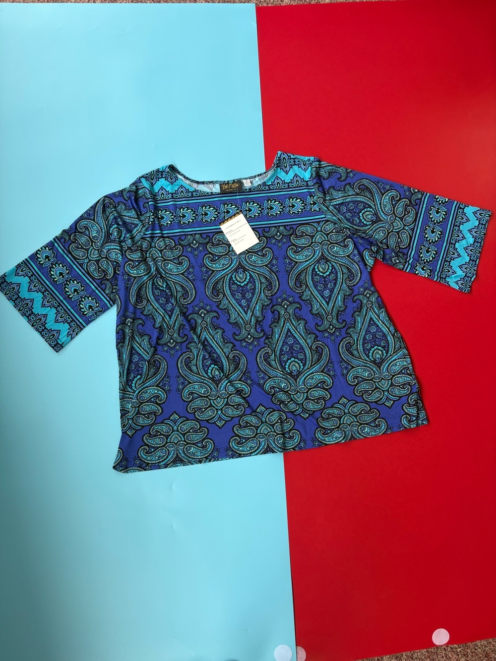NWT Bob Mackie Wearable Art Women’s 3X Blue Paisley Scoop Neck 3/4 Sleeve top